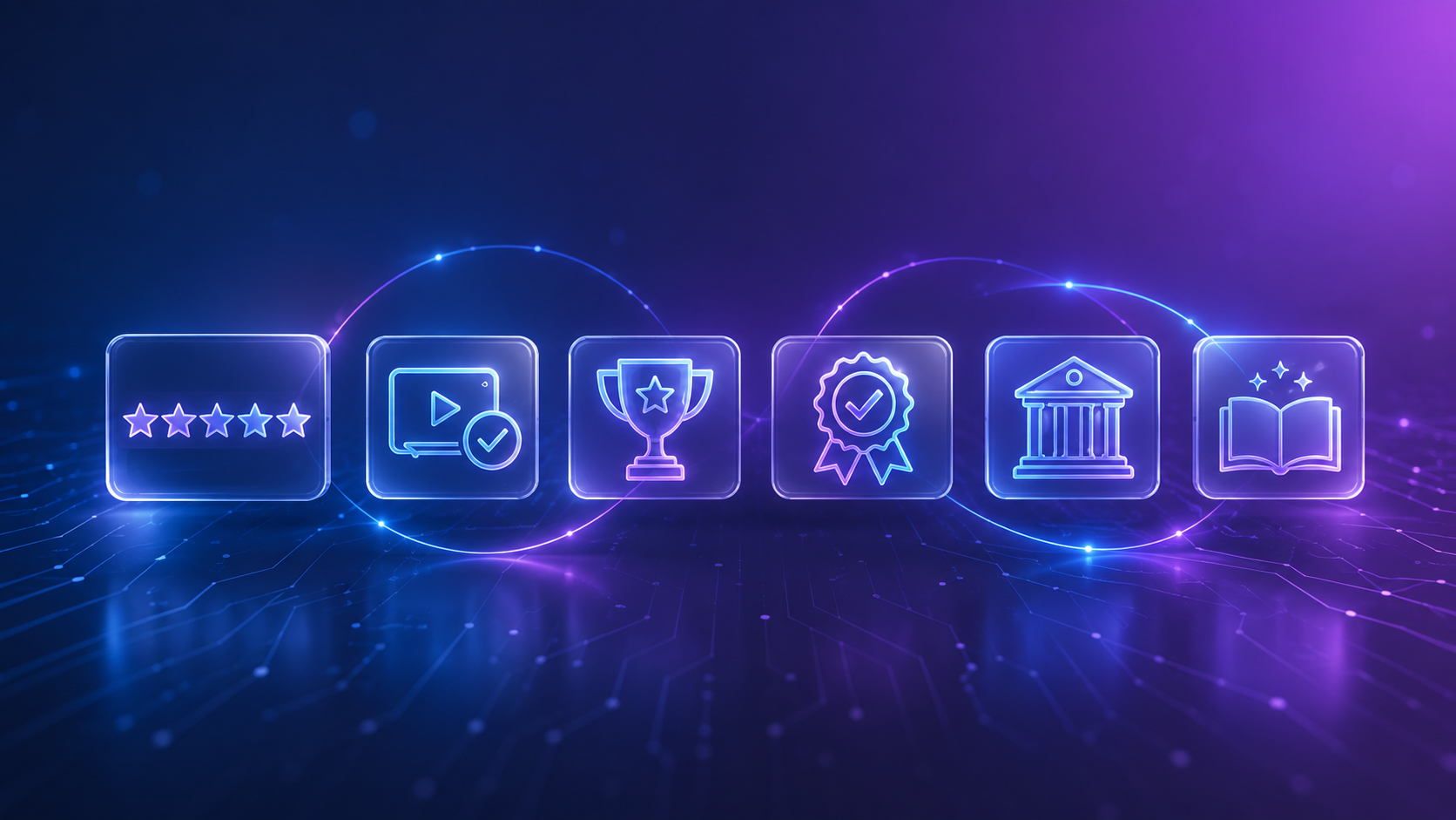 Glowing icons representing reviews, awards, verification, trusted organizations, and expert content connected across a digital network