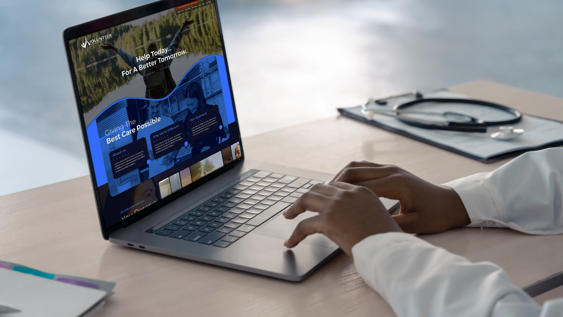 Healthcare professional using a Horton Group client website on a laptop